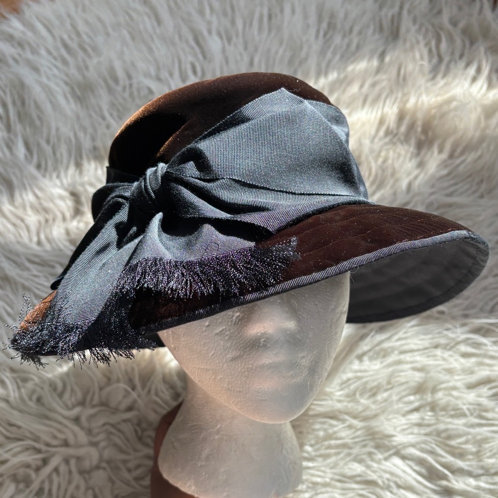 Eric Javits VTG Brown Black Velvet Color Block Grosgrain Bow Fascinator Hat EUC